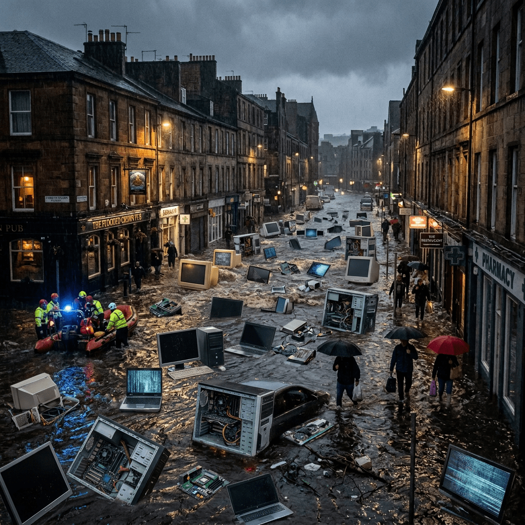 Flooded city street with rescue workers, stranded cars, umbrellas, and overflowing water